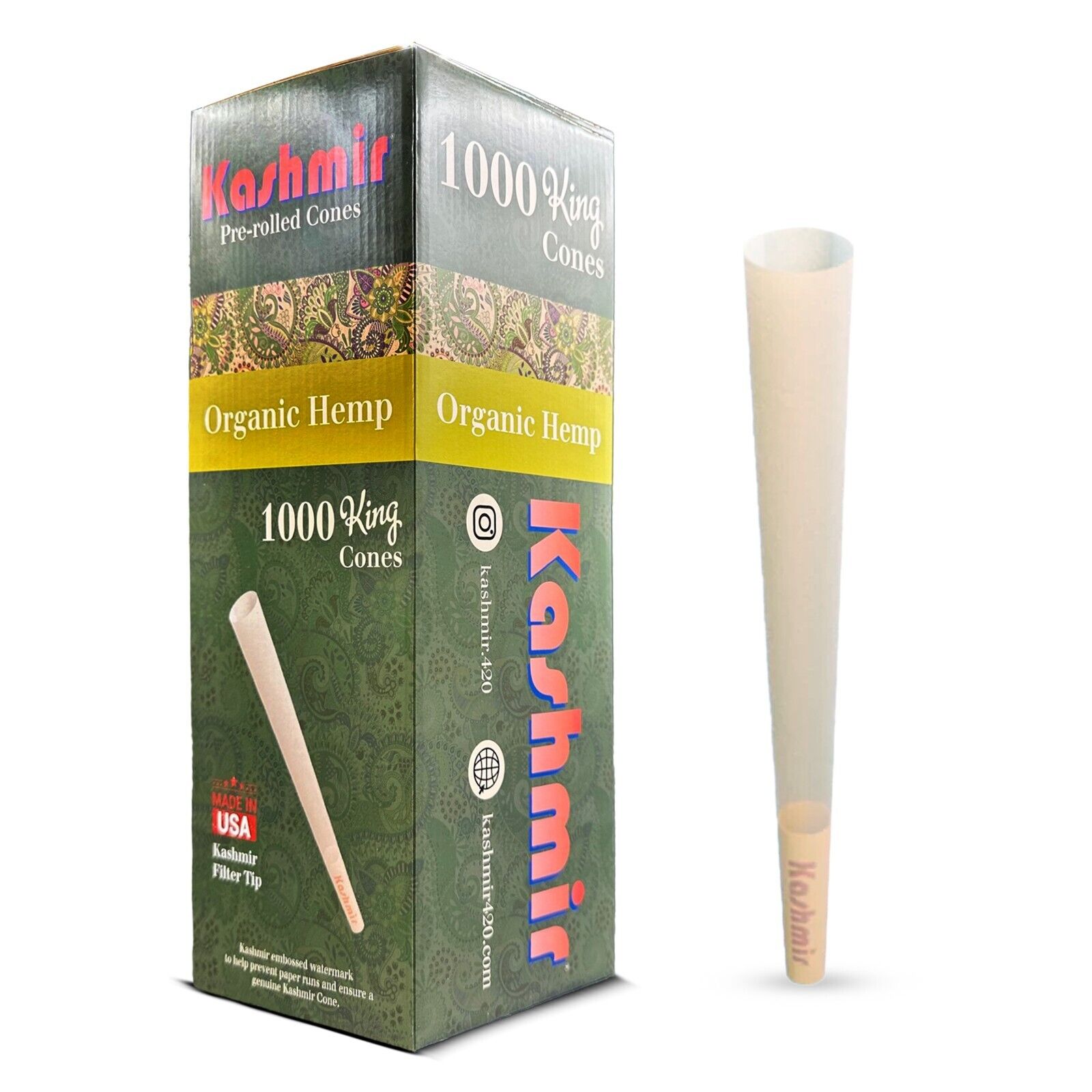 Kashmir Pre Rolled Cones King Size Organic Rolling Papers Bulk Pack: 1000 Cones