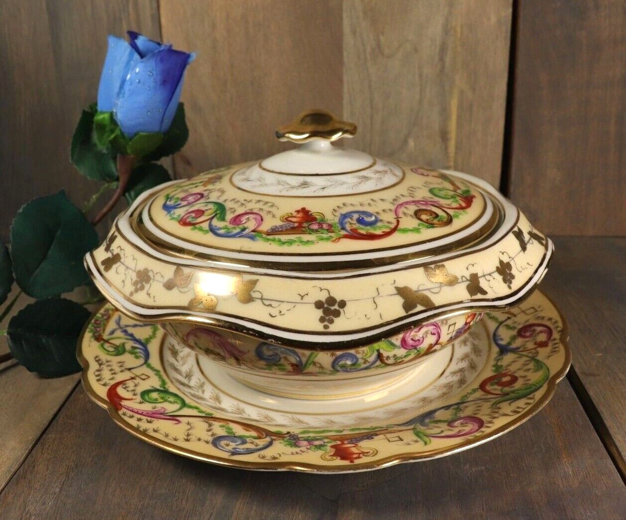 Antique French Sevres Style Hand Painted Porcelain Tureen w/ Plate Centerpiece