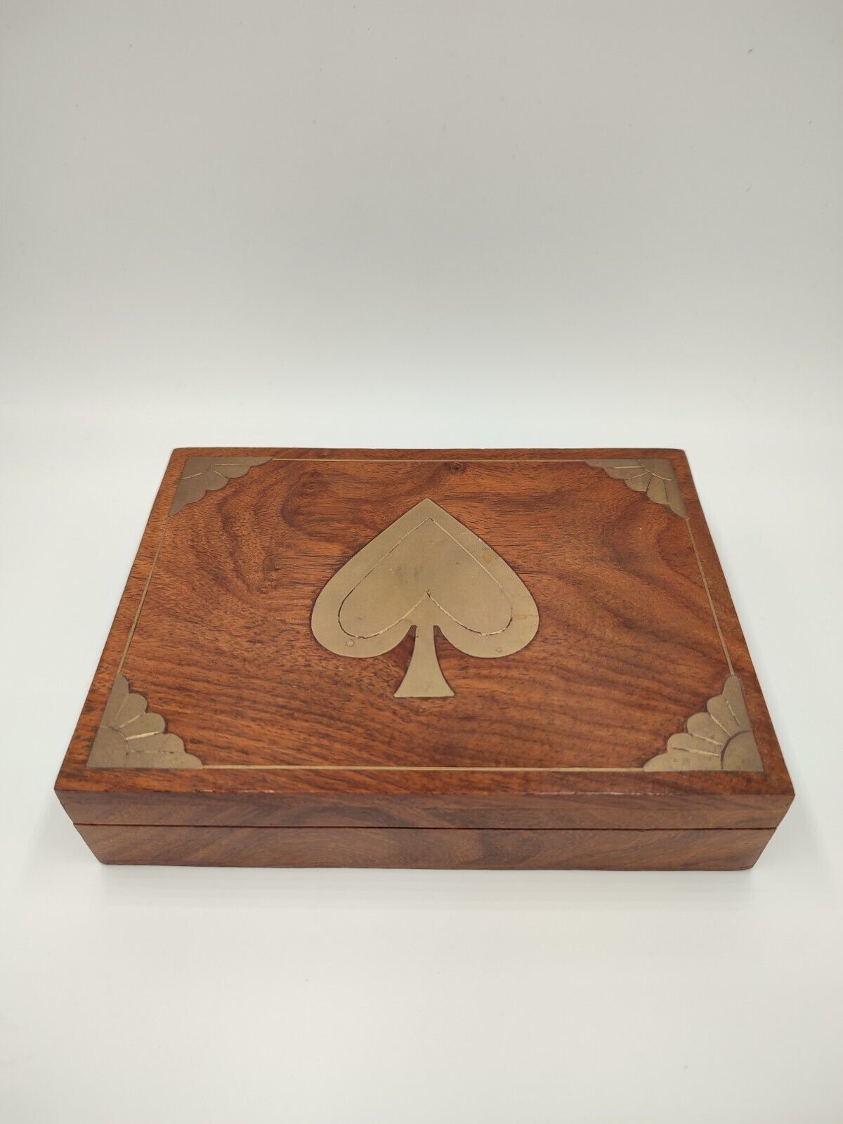 Vintage Inlaid Brass Vintage Wooden Playing Cards Box - Injured Jockeys Fund