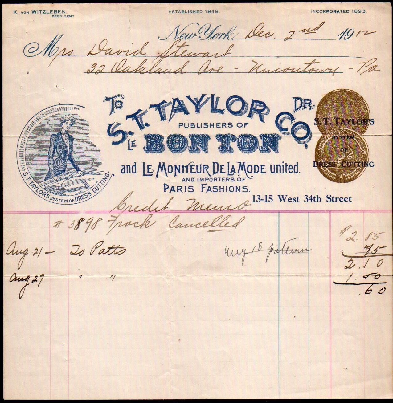1912 New York - S T Taylor Co - Bonton - Paris Fashions - Color Letter Head Bill