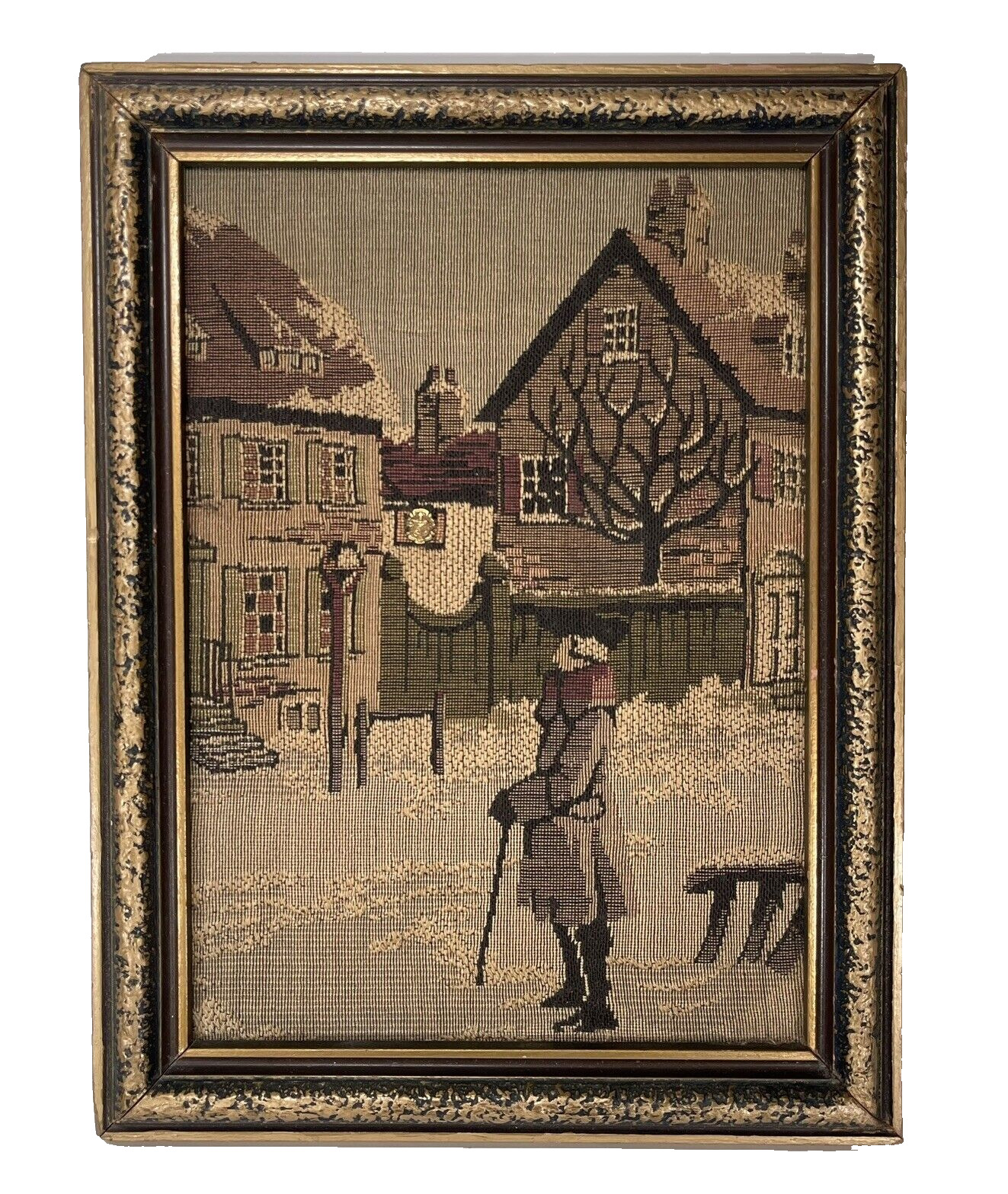 Vintage 1940\'s Framed Tapestry Colonial English Tavern Antique Design 9x11\