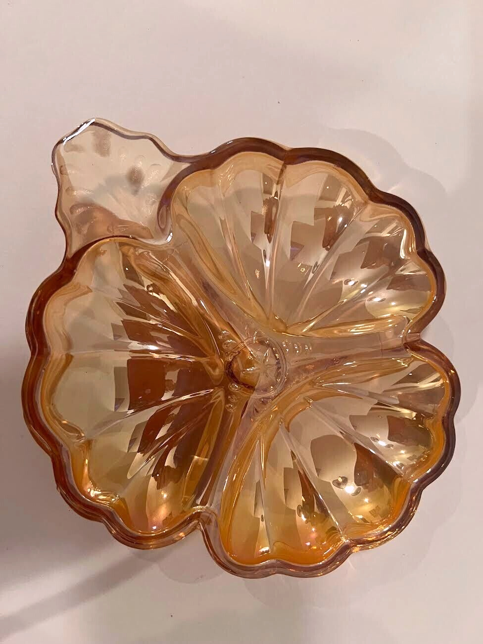 Vintage Doris Jeanette Carnival Glass Marigold Clover-Shaped Trinket Dish