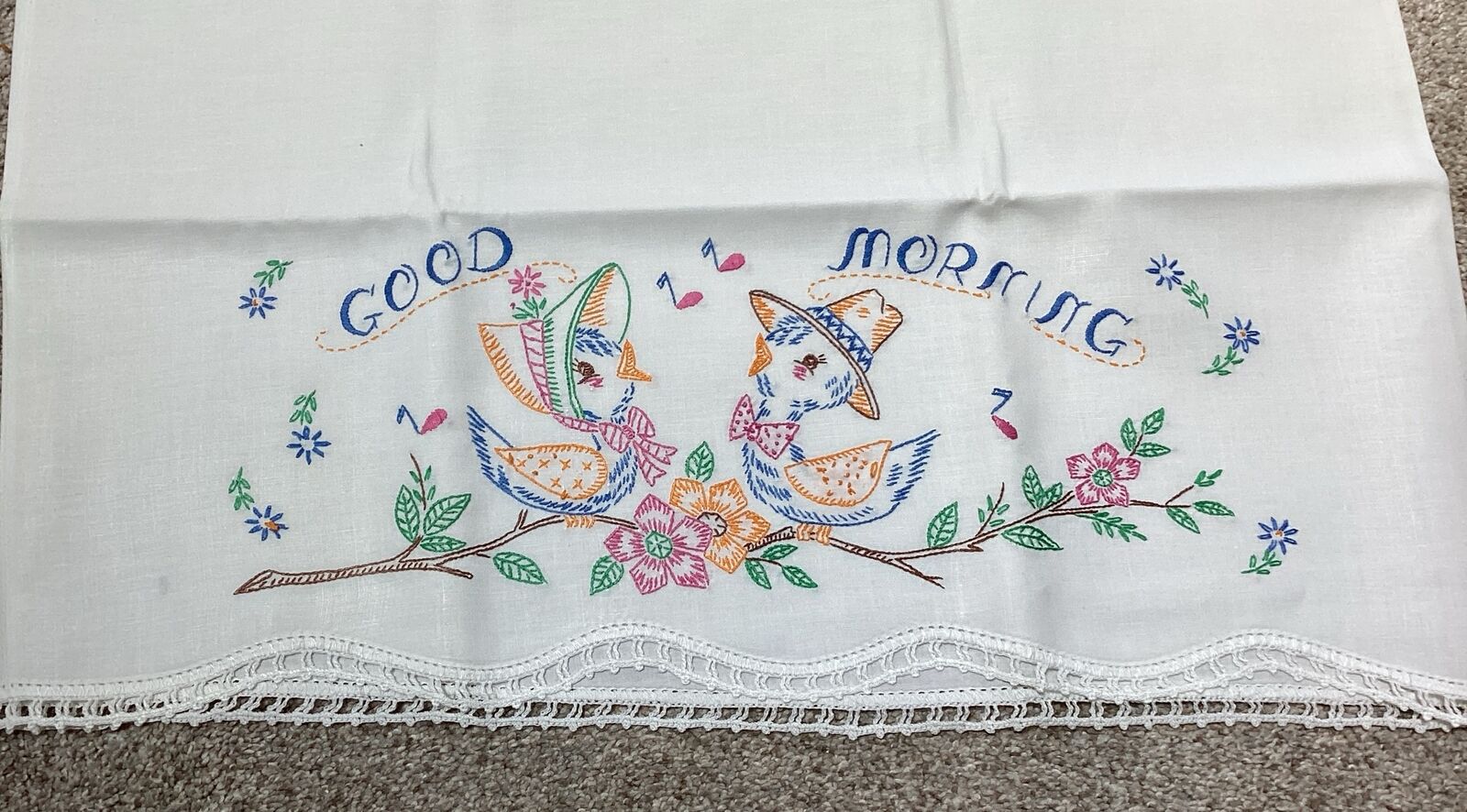 Vintage Pair of Good Morning Birds Hand Embroidered Crocheted Pillowcases