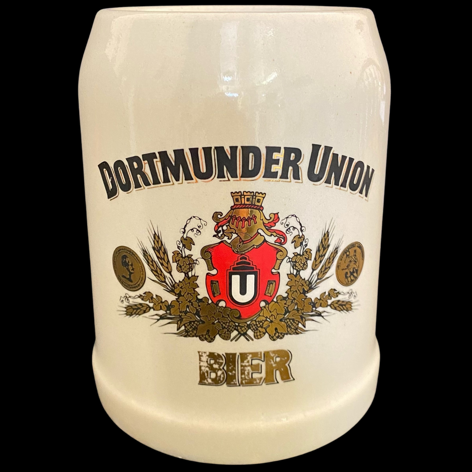 Vintage Ceramic Dortmunder Union Bier  0.5 Liter Beer Stein Mug Gold & Red Logo