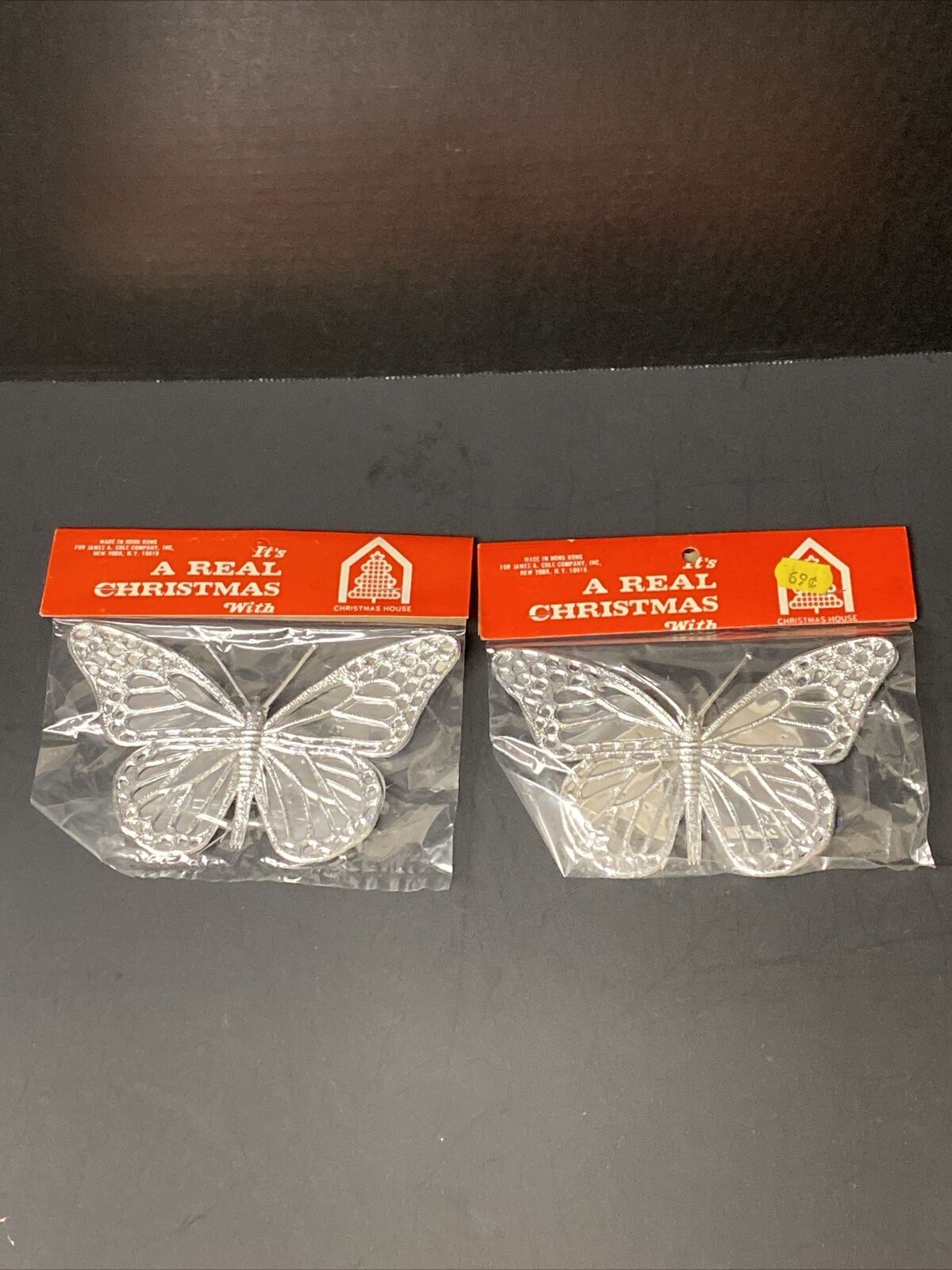 Vintage Butterfly Ornament Tie On Decoration Christmas Silver Hong Kong Lot of 2