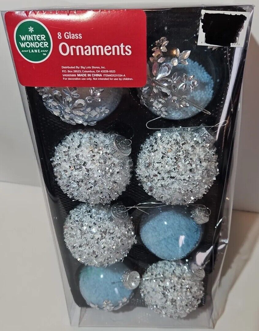 Glass Christmas Tree Ornaments Blue Pack Of 8 Winter Wonder Gender Reveal Icicle