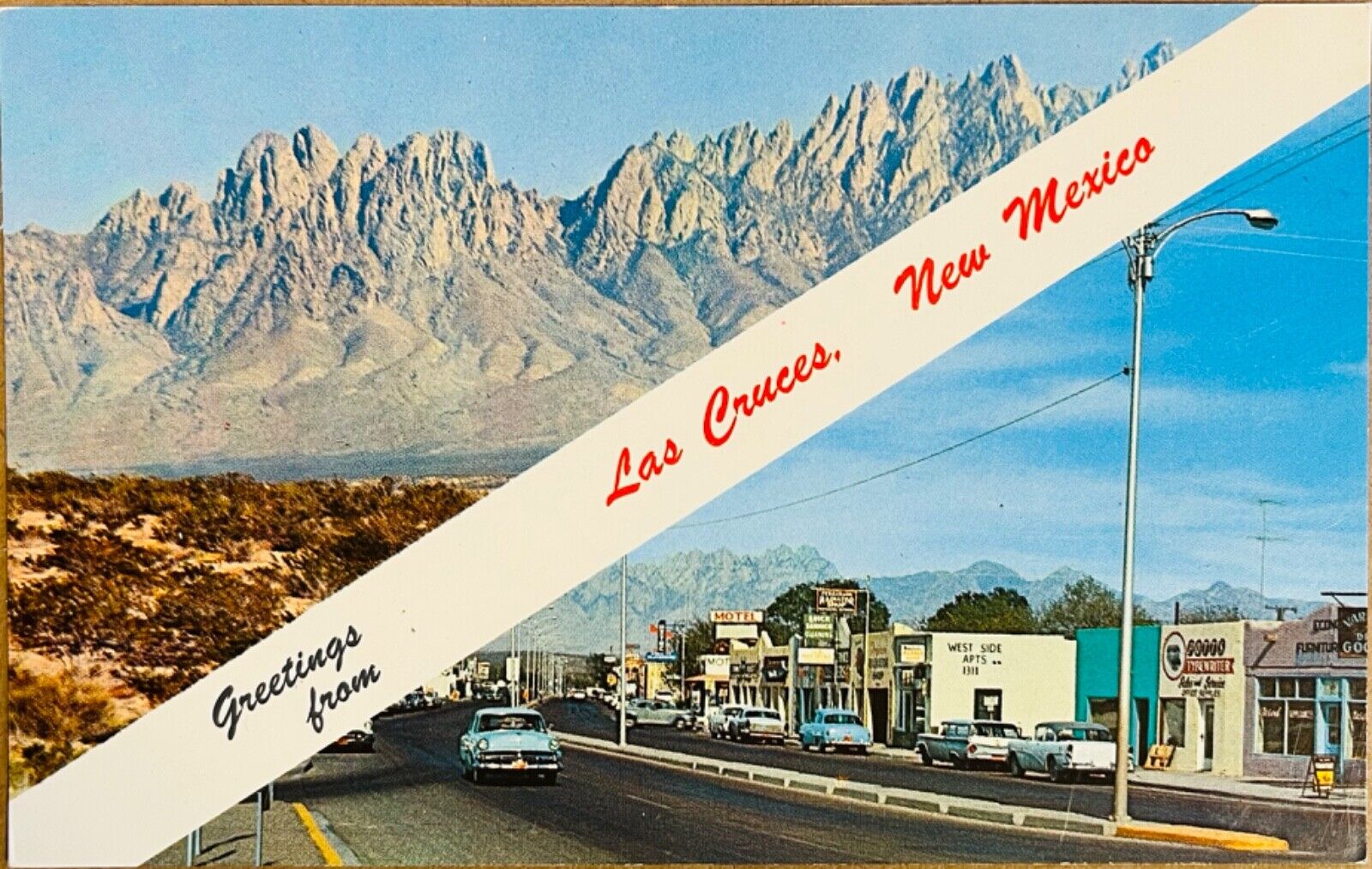 Las Cruces Main Street Scene Banner Greeting Old Car New Mexico Postcard c1950