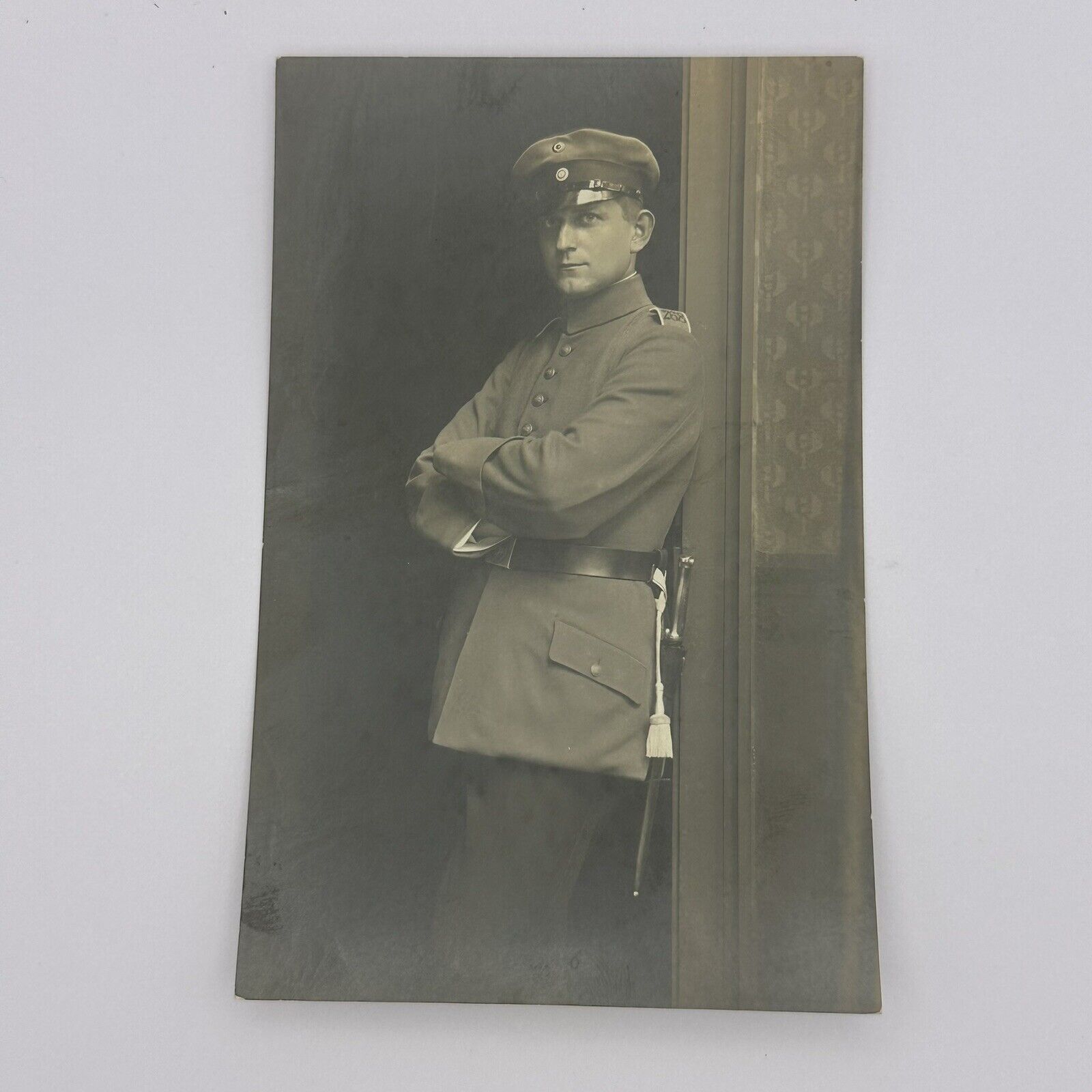 Young WWI German Soldier Postcard w edged weapon Studio Portrait RPPC Postcard V