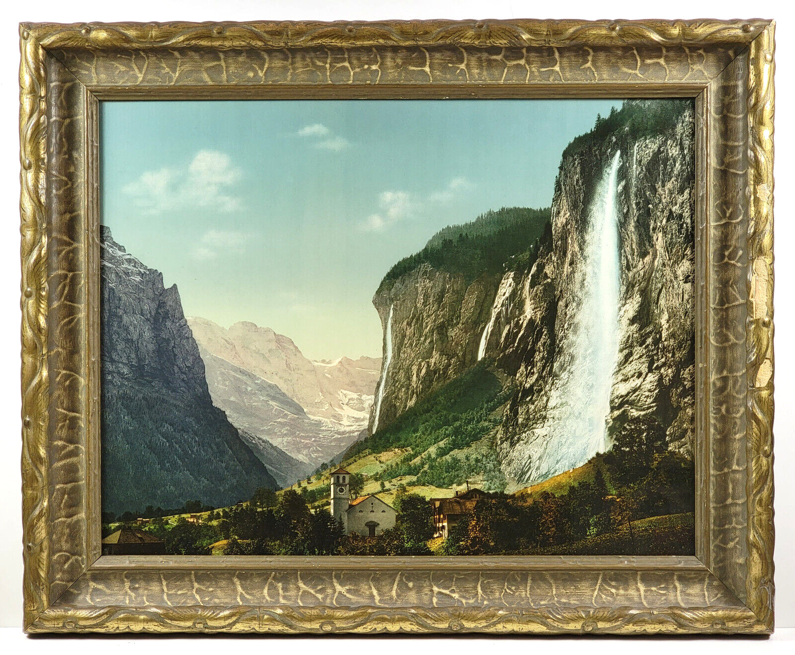 1890s Antique Framed Original PHOTOCHROME Switzerland Swiss Alps Staubbach Falls