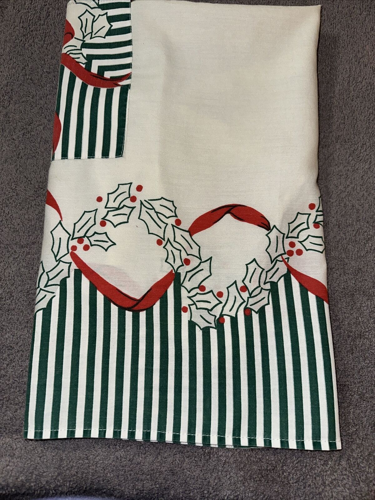 Vintage Bib Apron Christmas Holly Berry Red Ribbons Strip 1 Pocket