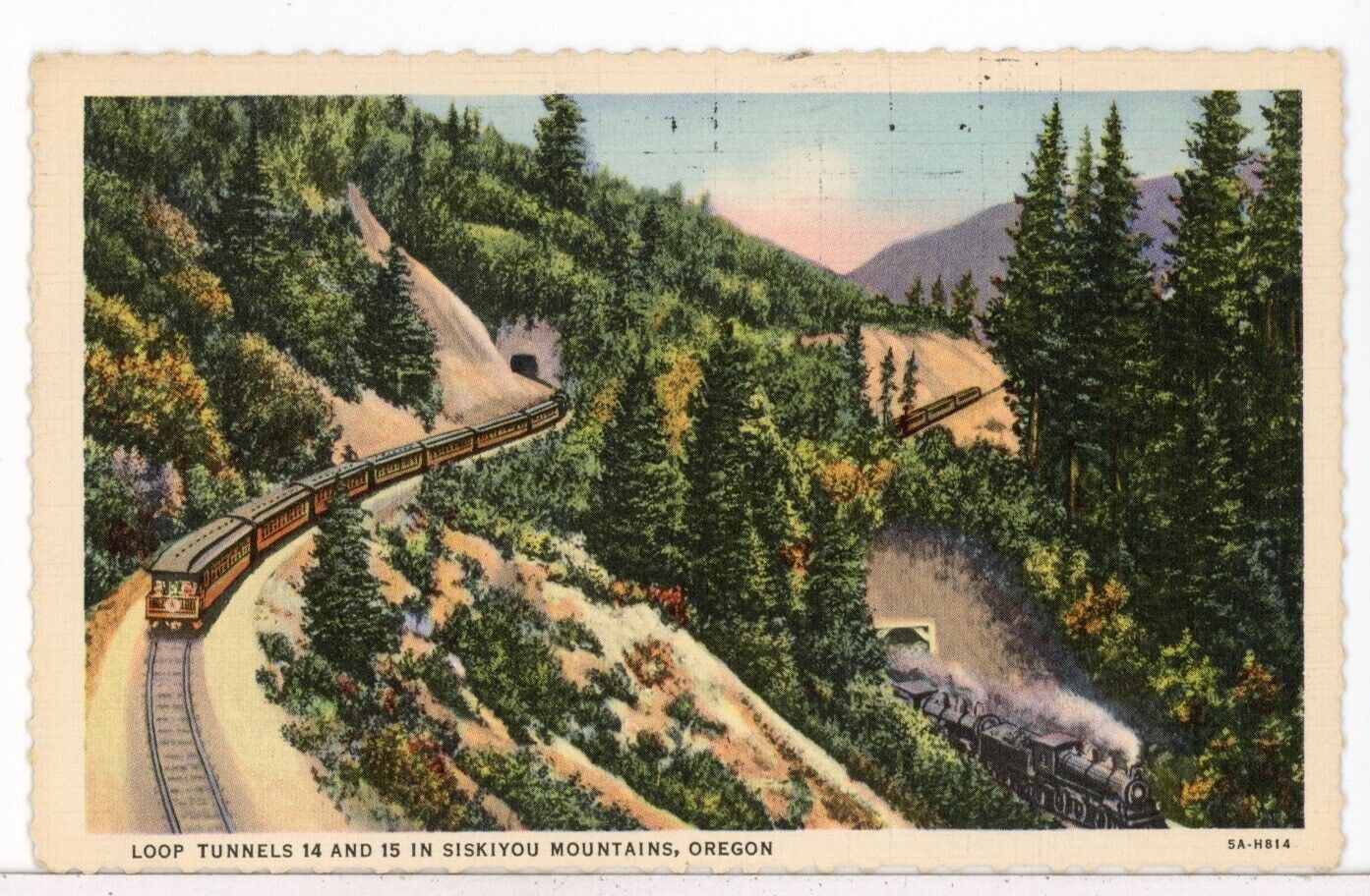 1938 - SP Passenger Train at LOOP TUNNELS 14 & 15, Siskiyou Mts. OR Postcard