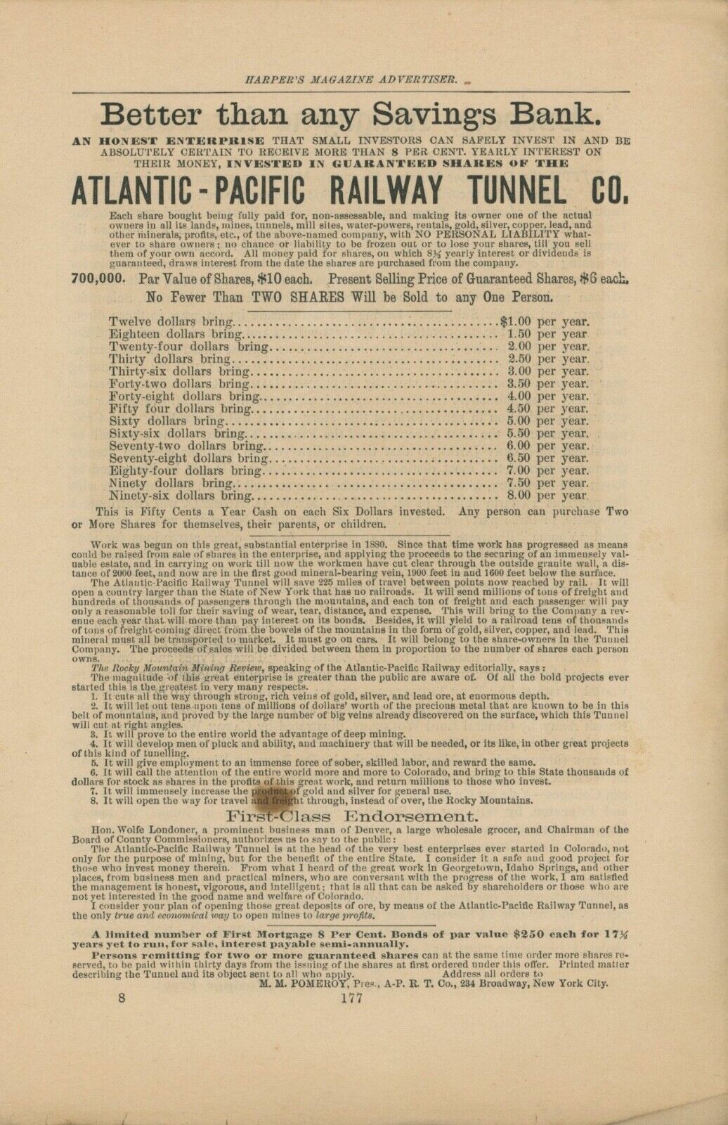 1890 Atlantic Pacific Railway Tunnel Bond Sale Ad Stock Shares Colorado Railroad
