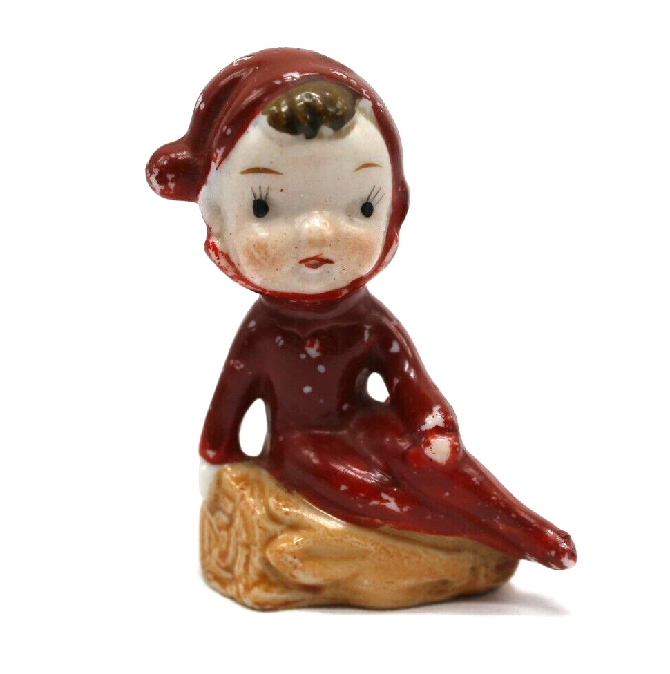 Vintage Mini Red Pixie Elf Sitting on Log Figurine 2.75\