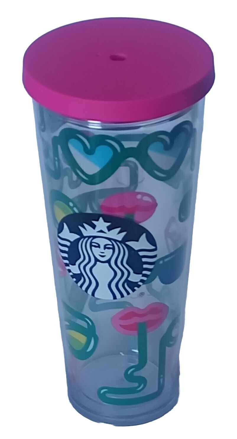 Starbucks 2014 Crazy Straws Sunglasses & Lips 24 oz Cold Cup Tumbler