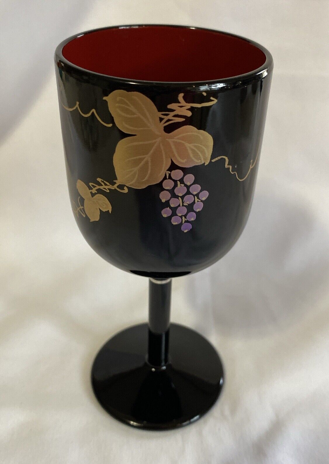 Vintage Japanese Hand Painted Black Lacquer Stemmed Wine Glass 5.5”