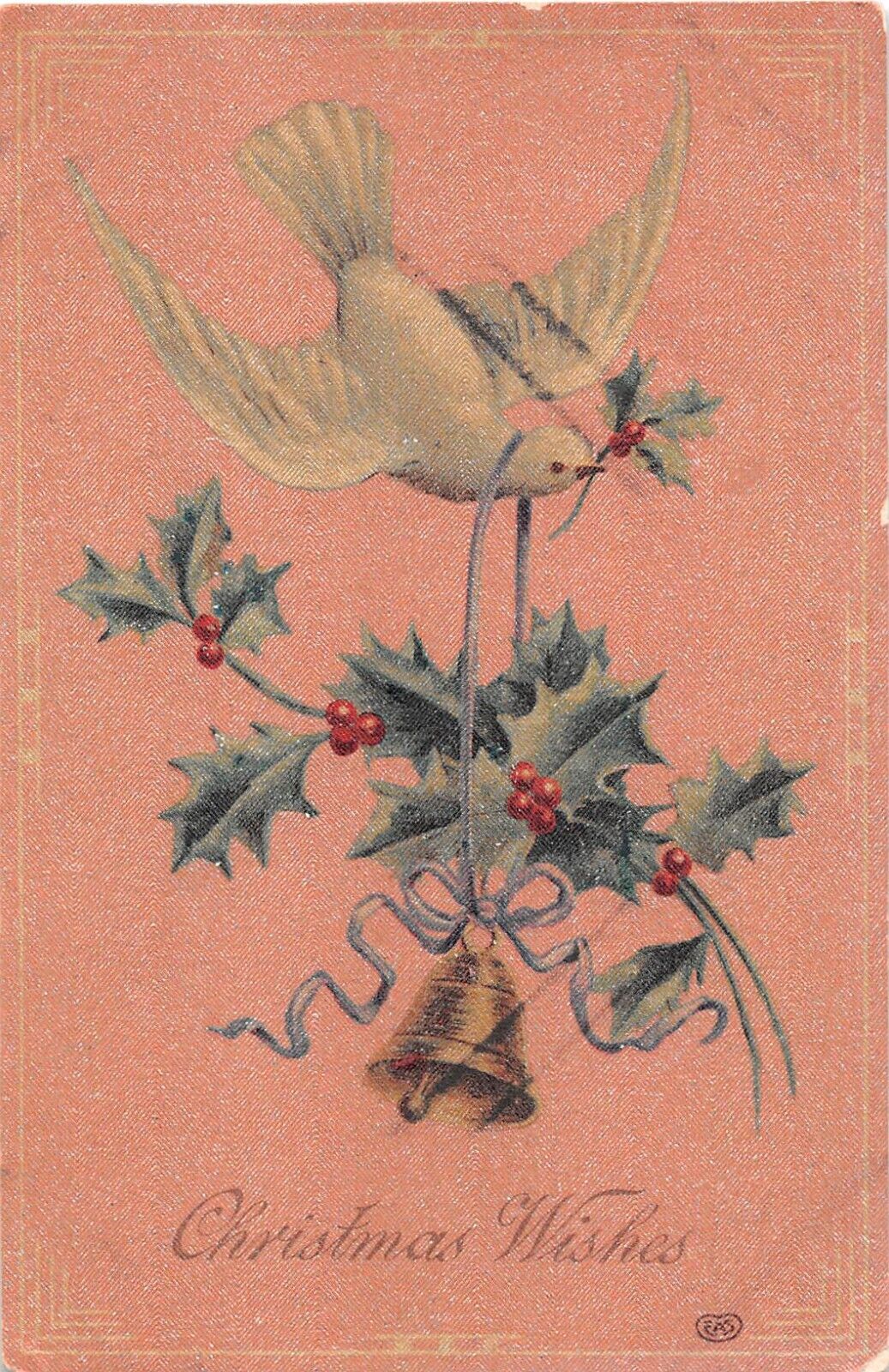 1908 EAS Christmas Postcard of Dove Flying With Holly & a Bell-Satiny Background