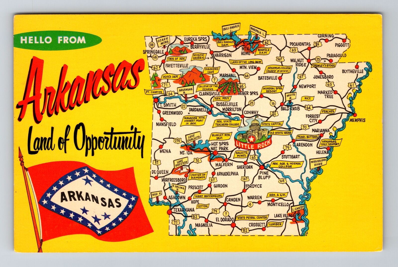 AR-Arkansas, Scenic Map Greetings, Landmarks, Vintage Postcard