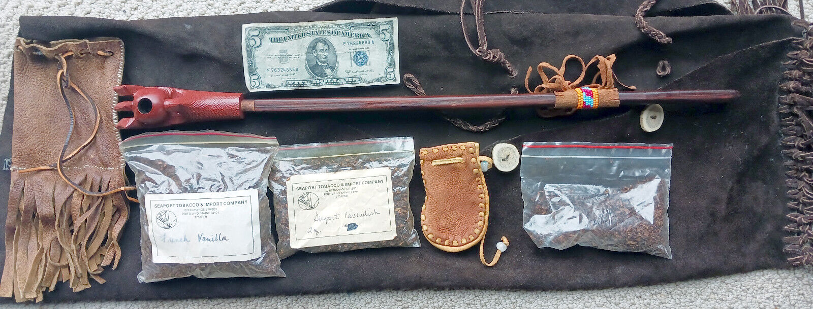 Handmade Native American Peace Pipestone Pipe Deer Antler Leather Case 3 Pouches