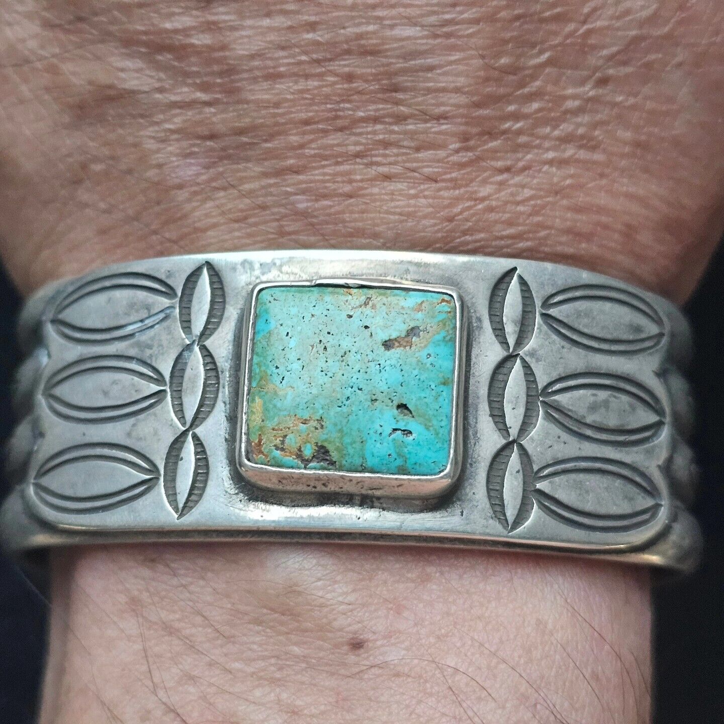 HISTORIC NAVAJO STAMPED CHISELED COIN SILVER TURQUOISE CUFF BRACELET 138 GRAMS