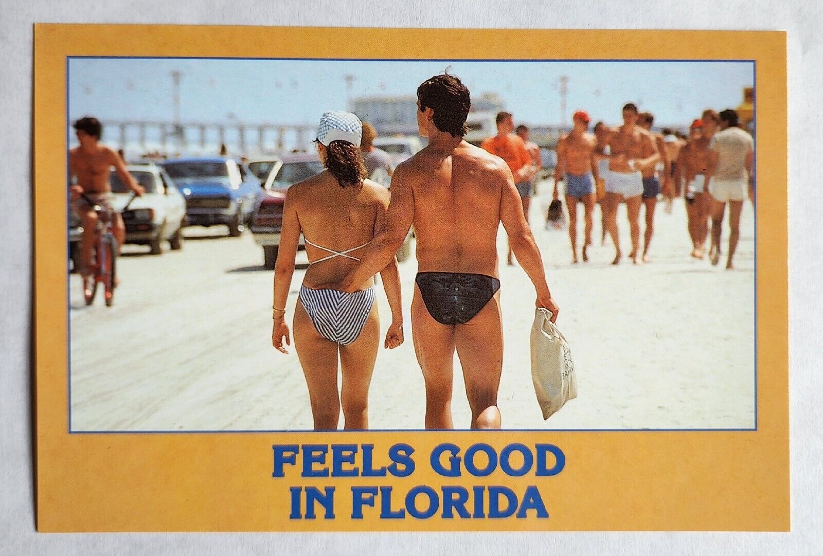 Vintage Florida Man Beach Postcard Humor Classic Cars Swimsuit Pier Funny 