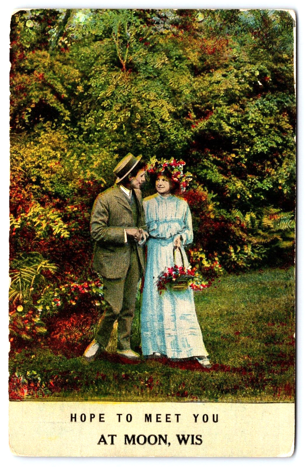 Original Old Vintage Outdoor Postcard Gentleman Lady Love Romance Moon Wisconsin