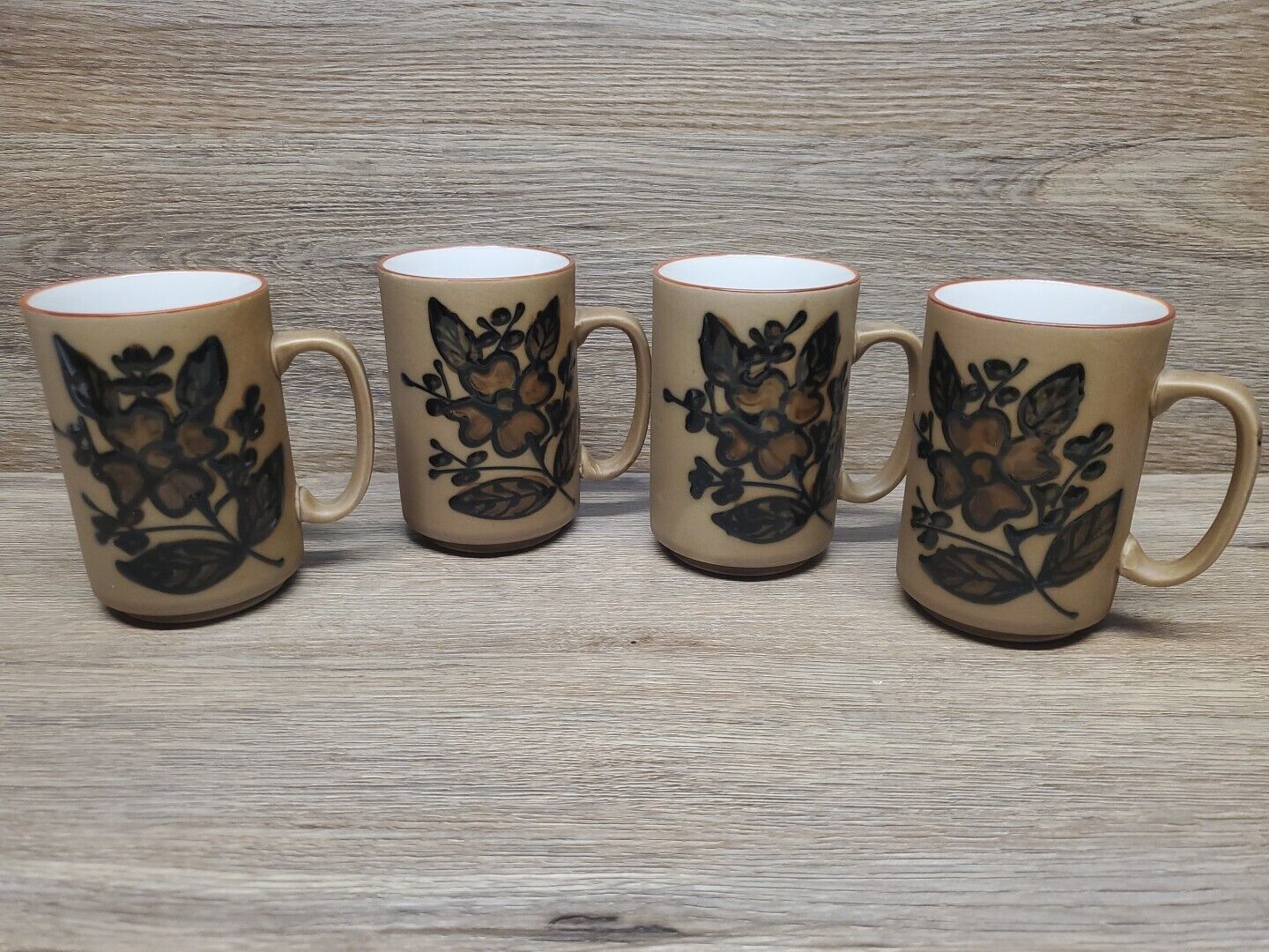 Vintage Set Of 4 1980s Flower Stoneware Coffee Mugs 