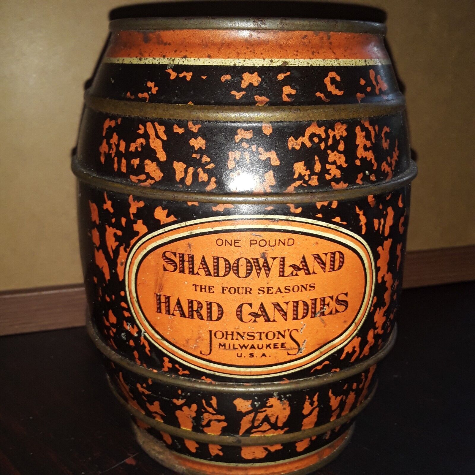 Vintage Shadowland Hard Candies Tin Barrel Container Halloween Milwaukee USA