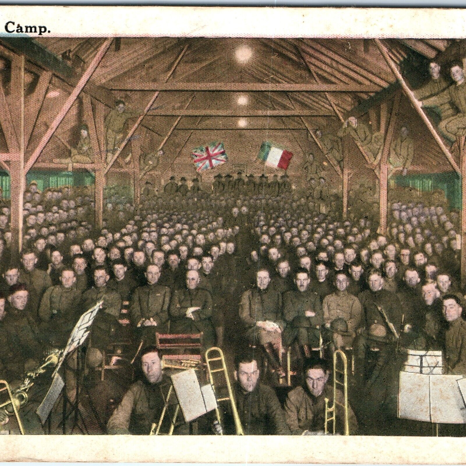 c1910s YMCA Stunt Night in Camp Men in Barn Band Postcard UK France Flag A83