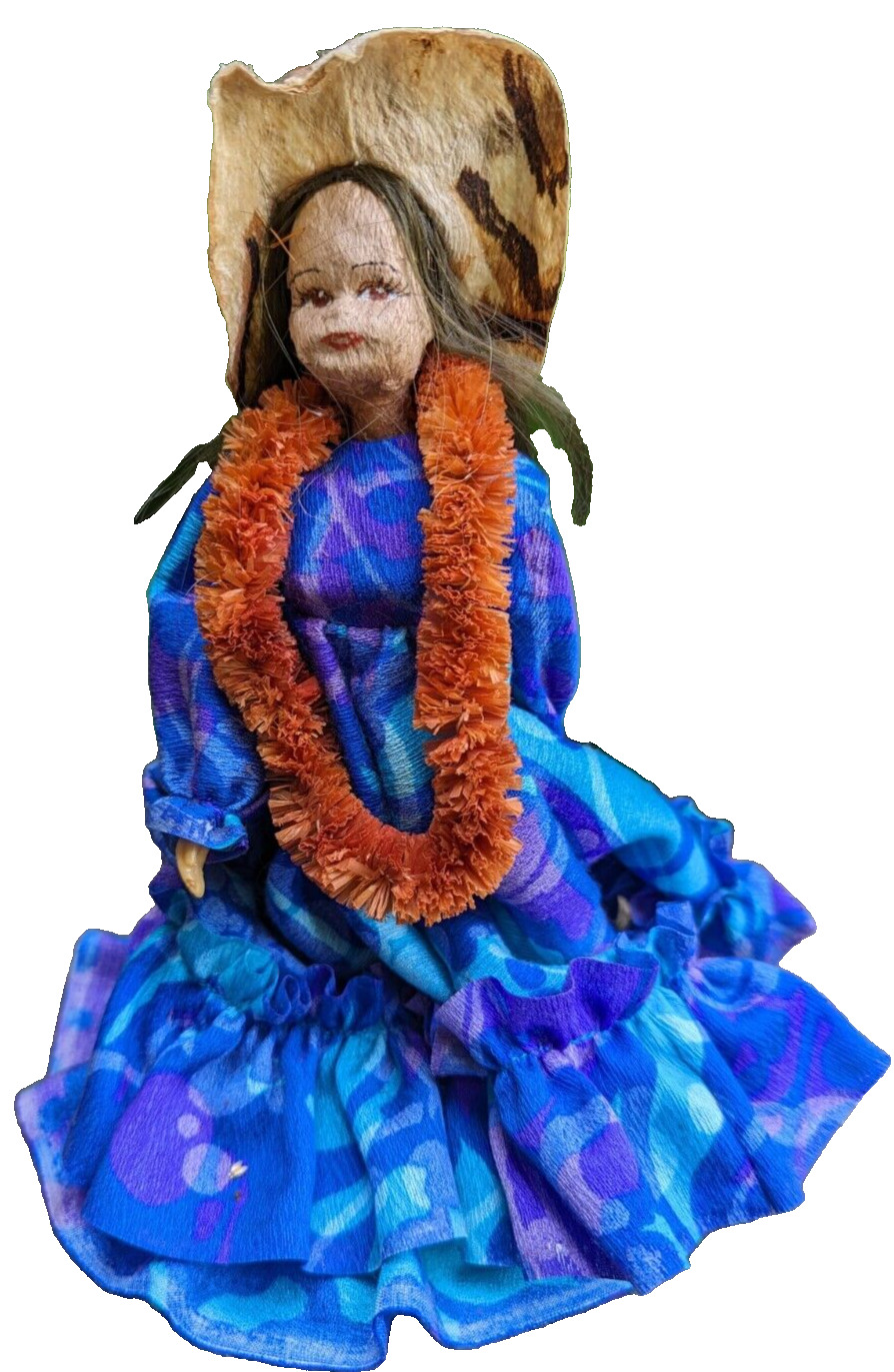 Vintage Hawaiian Makaleka Holomuu Doll Hand Made Tapa Mache Face Blue Dress