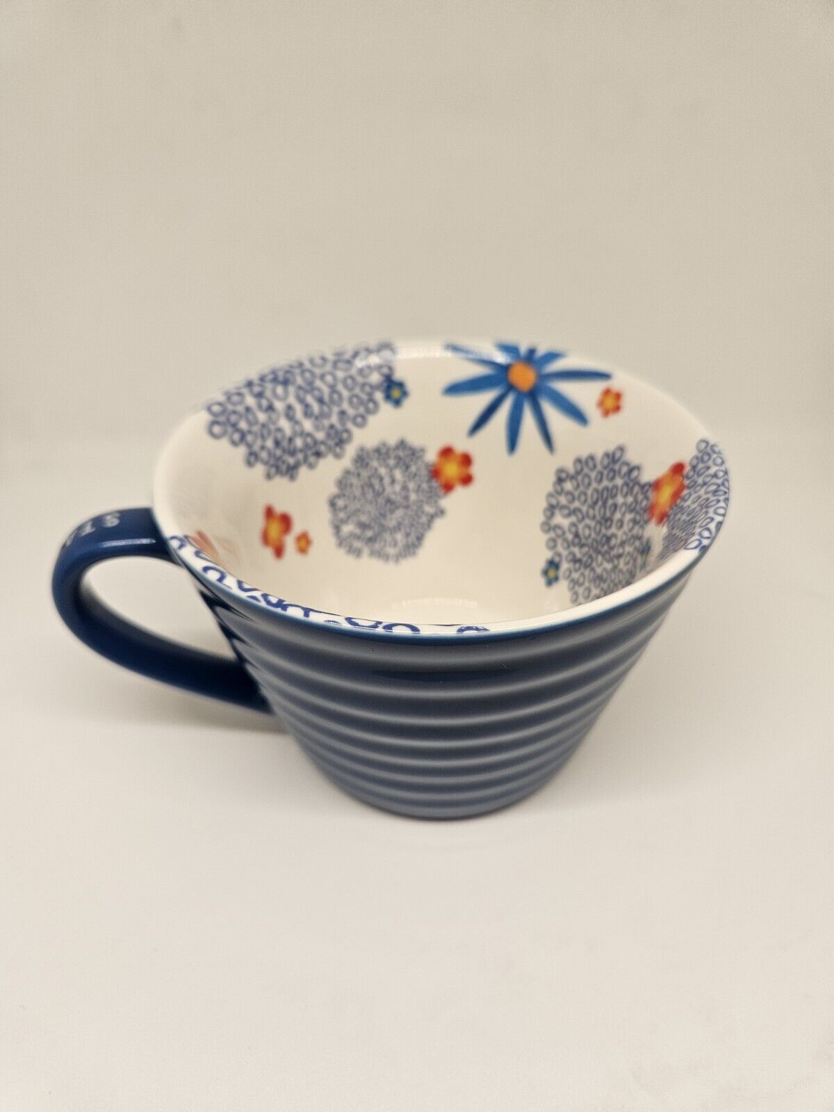 Starbucks 2007 Rare Ceramic Spring Floral Blue Ribbed Coffee Mug Cup 12oz (Dsk1)