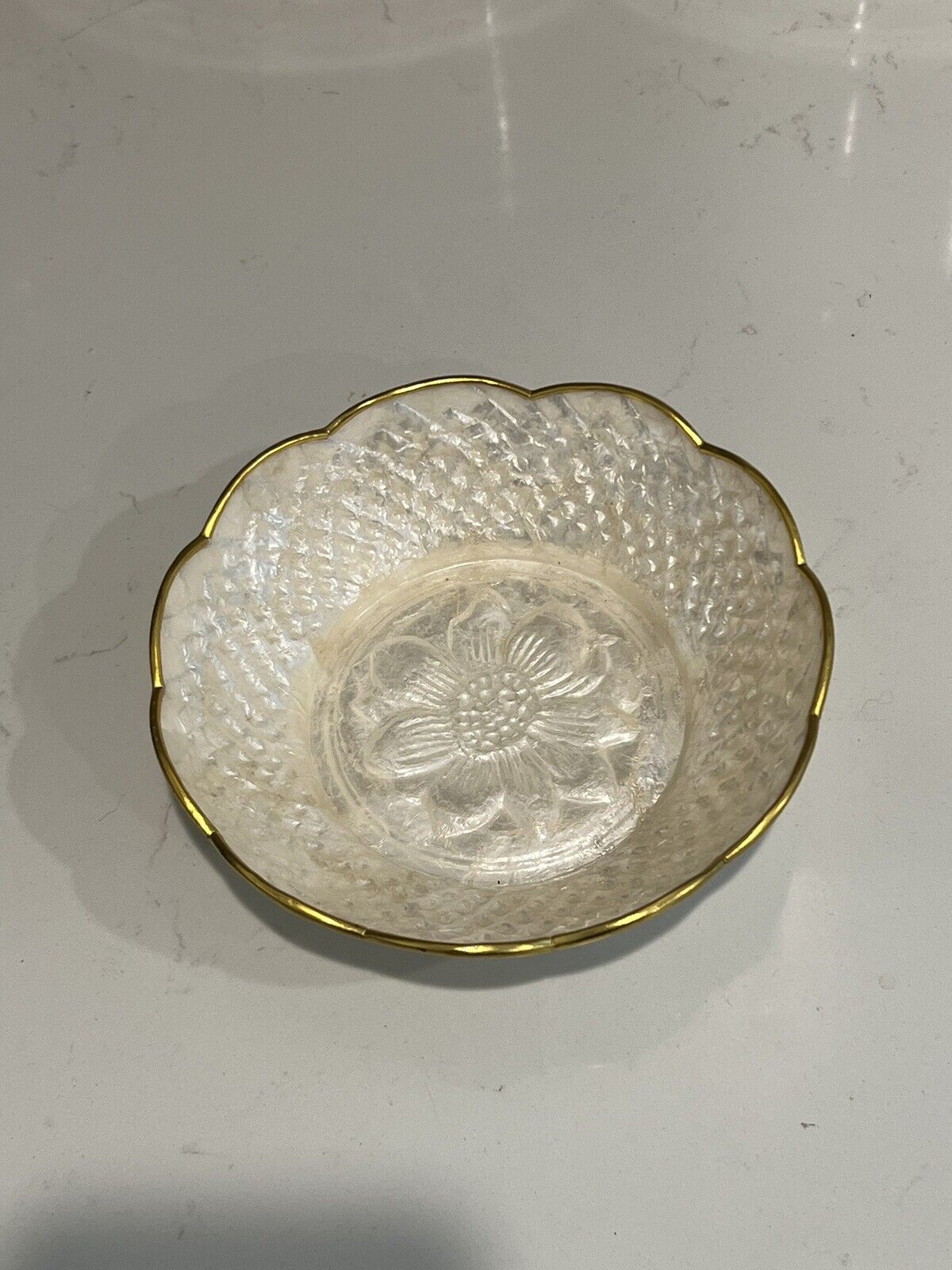 Vintage Capiz Shell Flower Shaped Bowl with Gold Rim