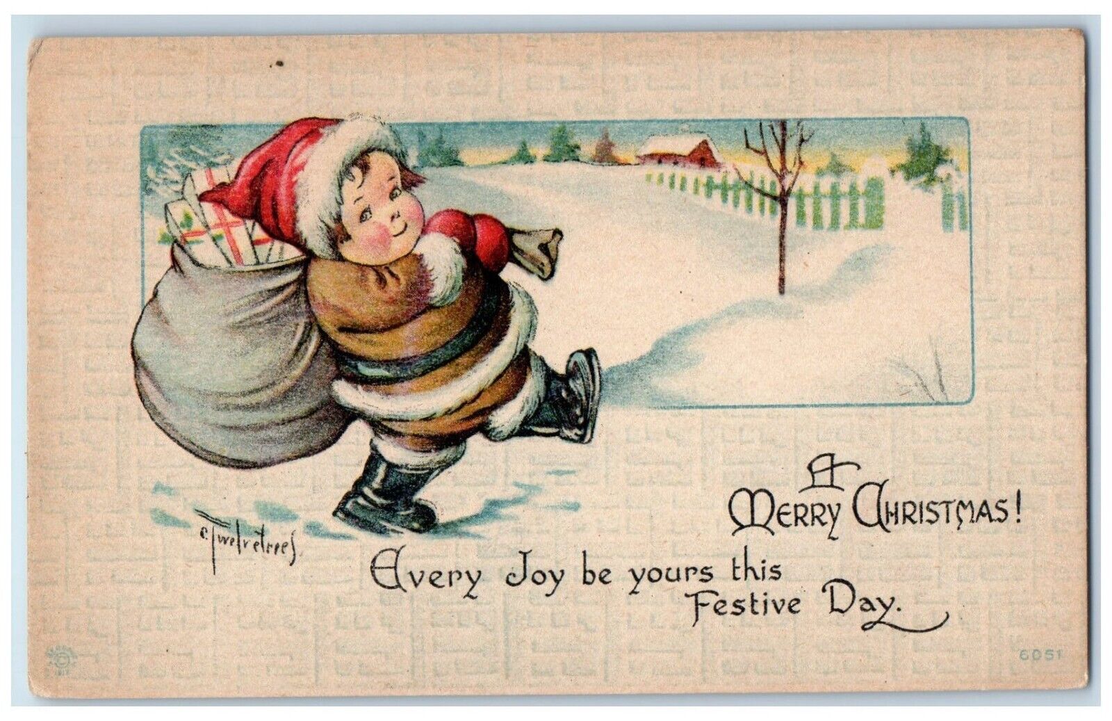 c1910's Christmas Santa Boy With Sack Of Gifts Winter Unposted Antique Postcard