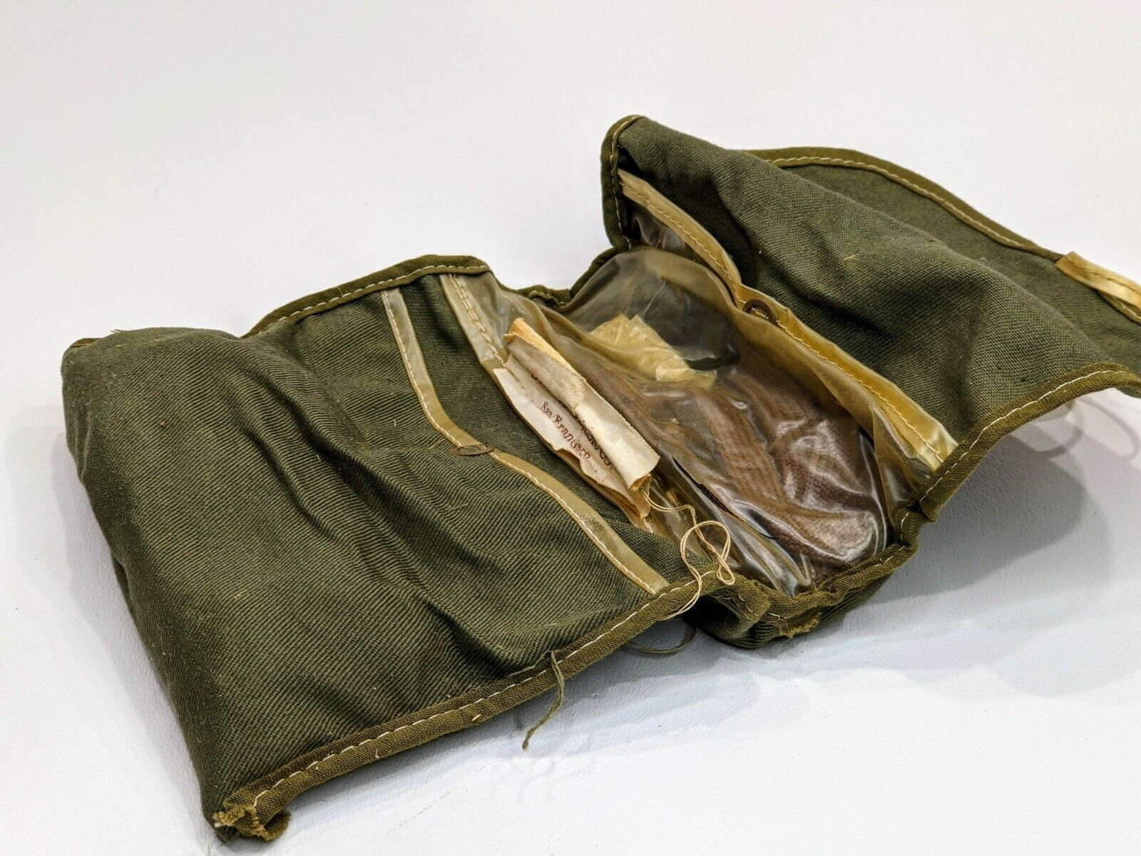 Vintage Military Roll Up Bag With Military Colored Sewing Material And Buttons