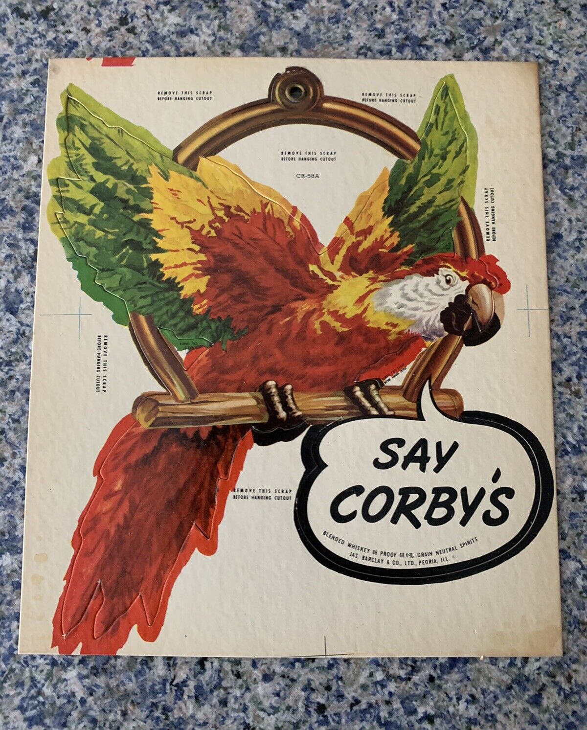 Vintage Say Corby\'s Whiskey Parrot Cardboard Cut Out Hanger NOS