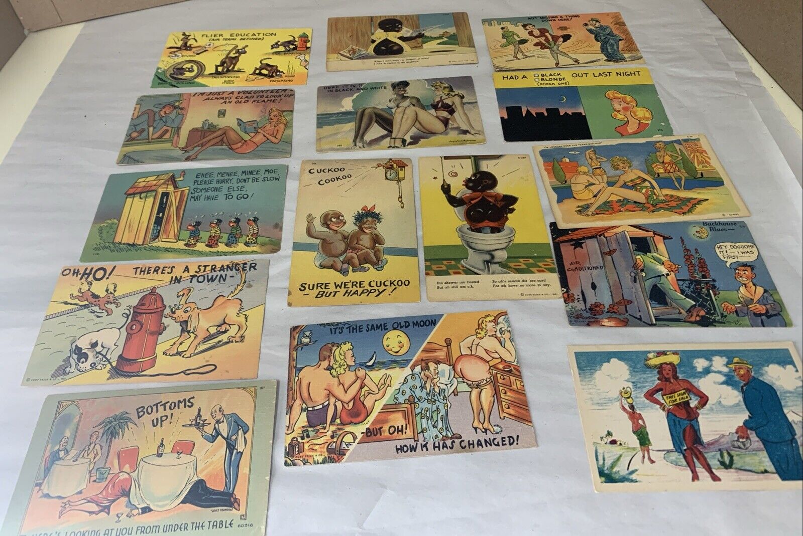 15-Vintage  Various Risqué Funny Comic Postcards from the 1930s' 40's 0r 50's