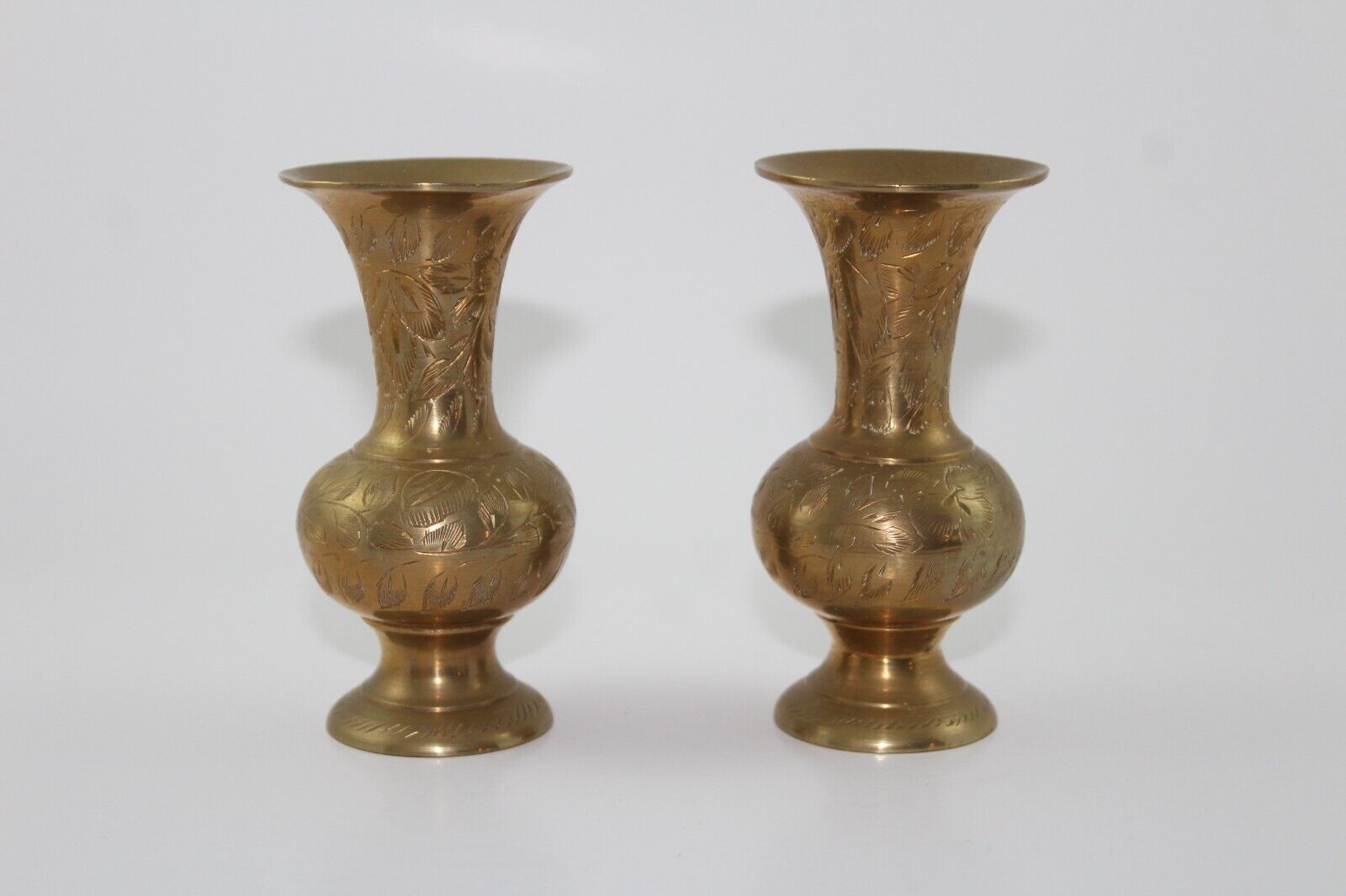 VTG Etched Indian Brassware, Vase, Decorative, Ornamental 4in Set of 2