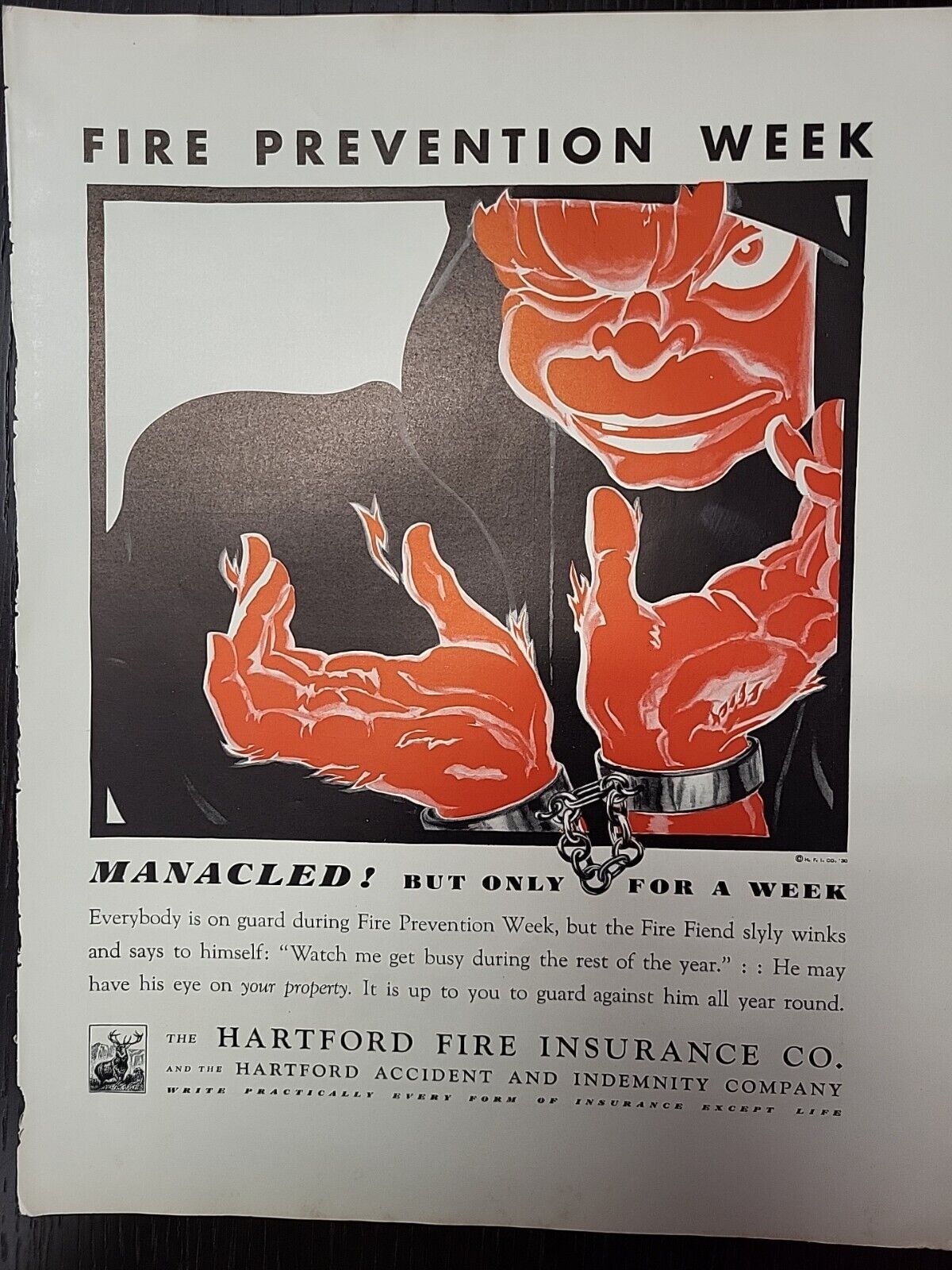 1930 Fortune Magazine Hartford Fire Insurance Prevention Week Print Advertising