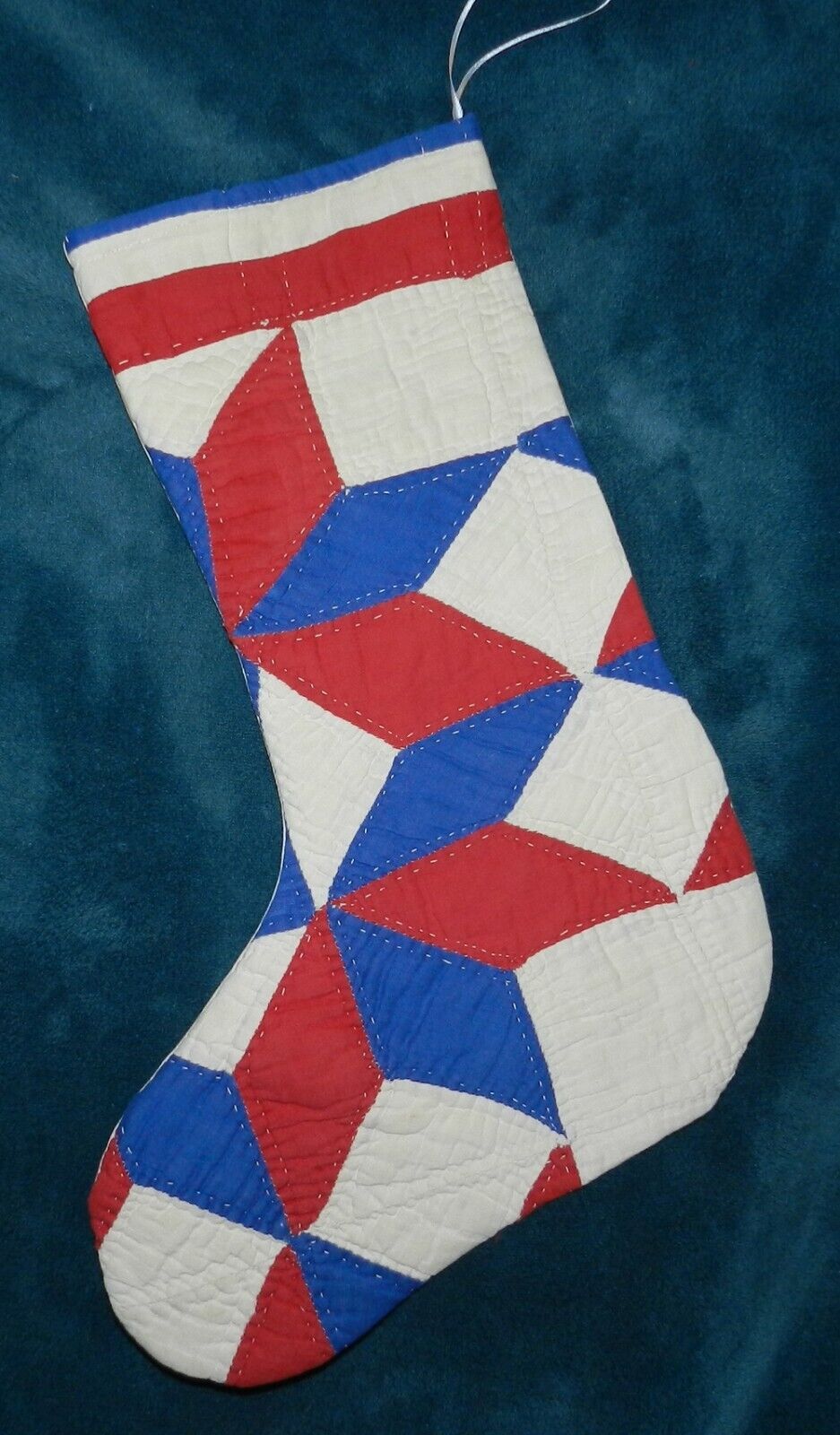 PRIM ANTIQUE VINTAGE CUTTER QUILT CHRISTMAS STOCKING RED WHITE & BLUE 23-120