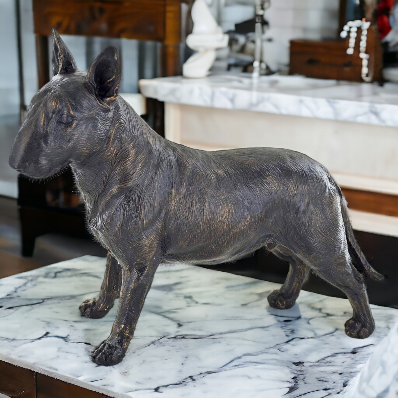 Lifelike Bull Terrier Dog Sculpture Majestic Standing Figurine Home Decor