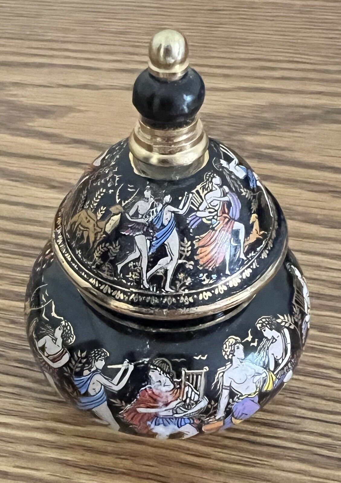 Vintage Greek Black Gilded Ceramic Decorative ~ Solid Perfume Bottle - Retro/Old