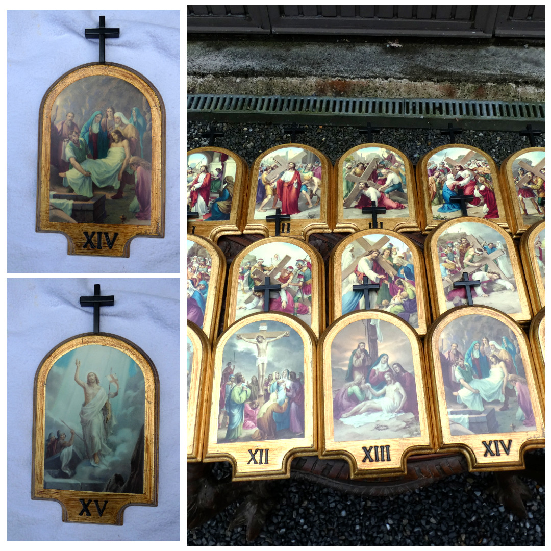 Vintage 1970s  15 stations of the cross wall plaque set wood religious
