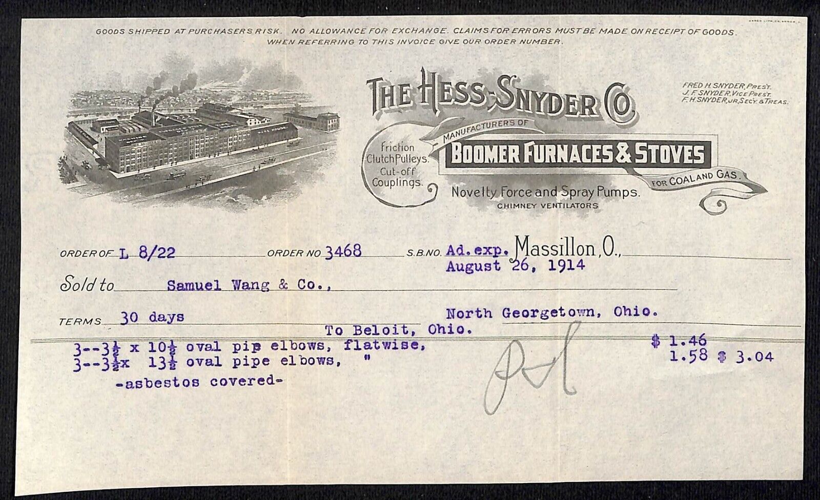 Hess-Snyder Co Furnaces Stoves Massillon Billhead 1914 Samuel Wang* N Georgetown
