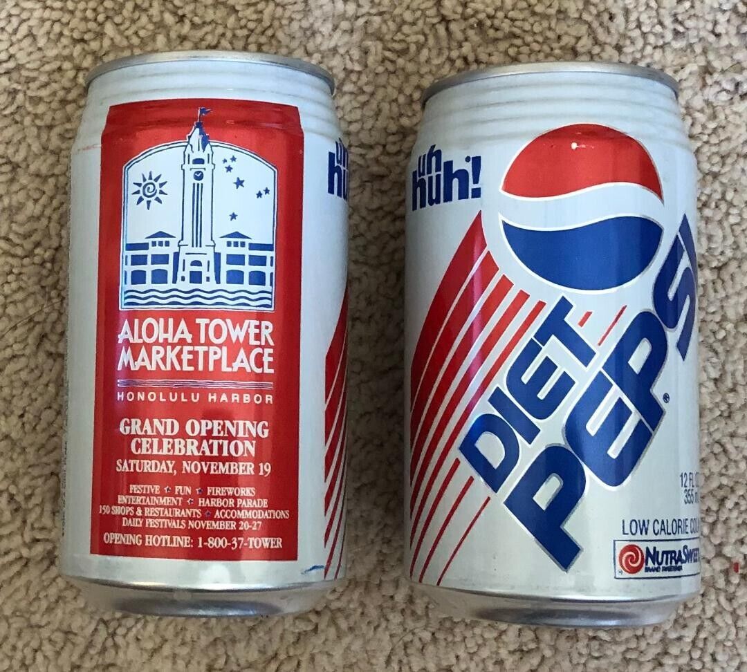 Lot of 2 HAWAII Aloha Tower Marketplace 1994 GRAND OPENING soda cans DIET PEPSI