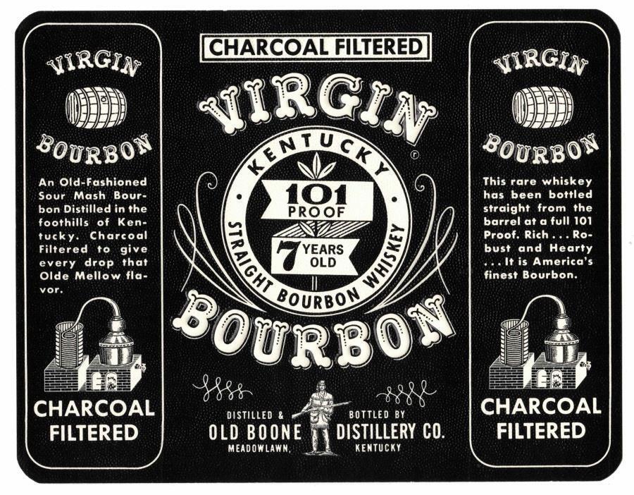 Lot of 10- Vintage Virgin Bourbon Labels. 101 Proof Old Boone Distillery Co. KY