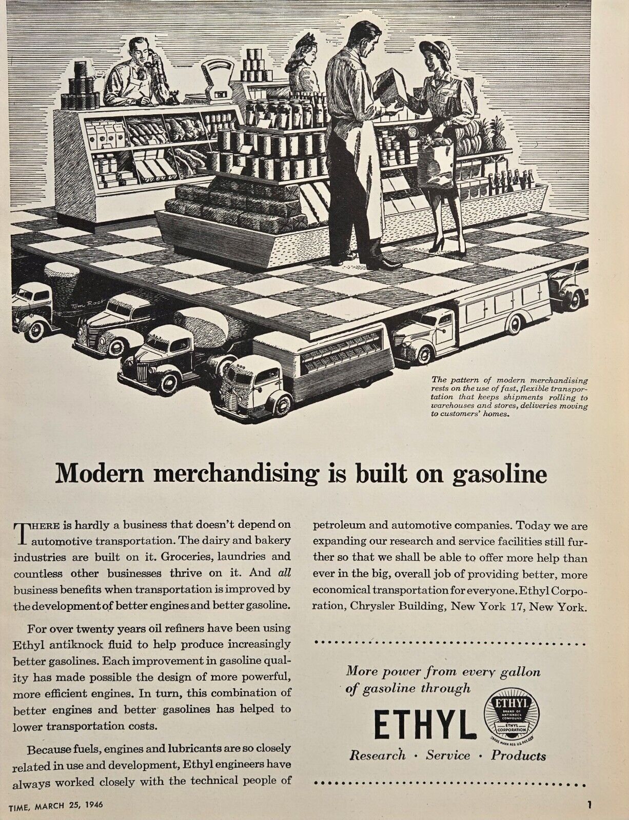 1946 VINTAGE PRINT AD - ETHYL CORP. AD - MODERN MERCHANDISING  BUILT ON GASOLINE