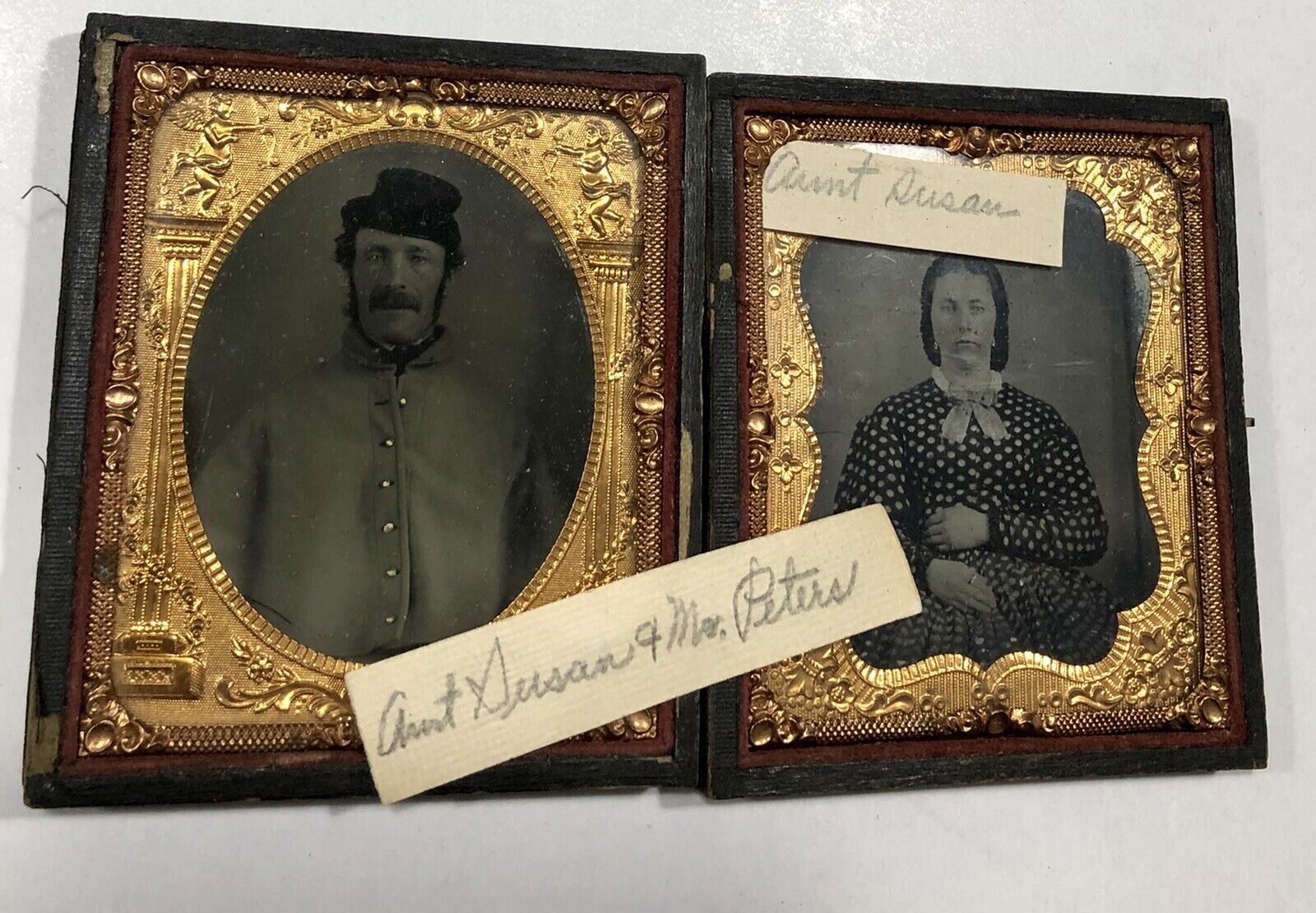 Double 1/6 Ambrotypes Partially ID\'d Civil War Soldier in Great Coat & Wife 1860