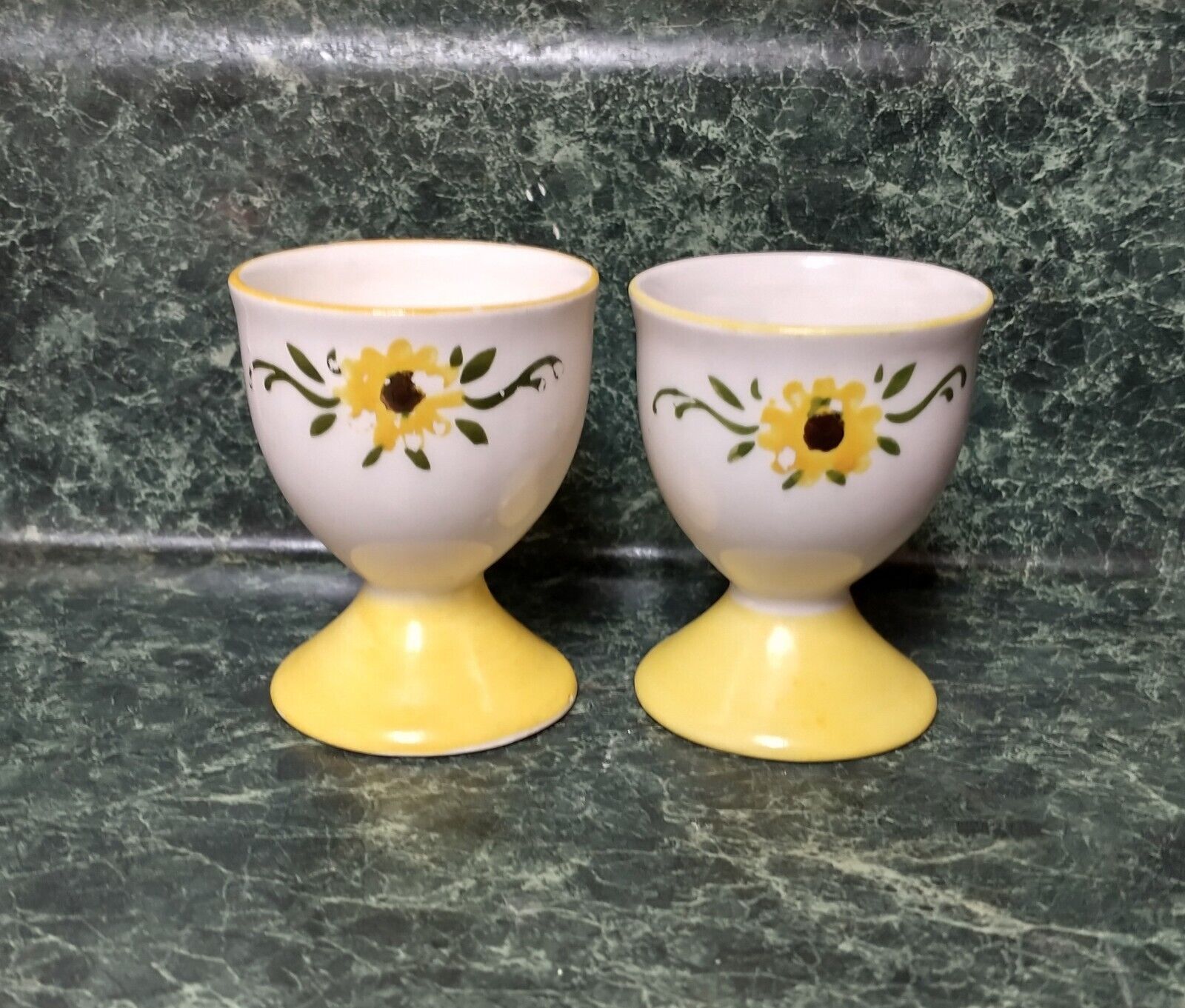 Vintage Pair Hand Painted Egg Cups - Yellow Flowers - Pottery Egg Cups *As Is*