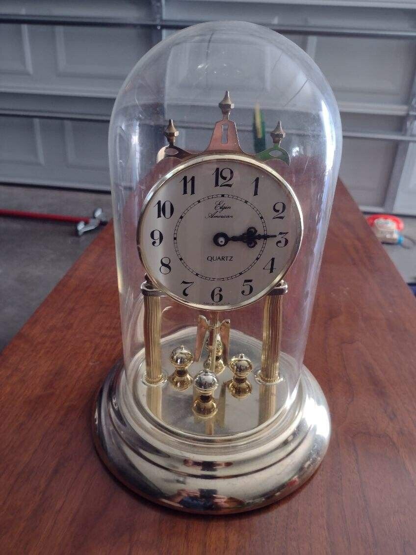 Vintage Made In USA Elgin American Quartz Desk Mantel Clock Glass Dome Rotary