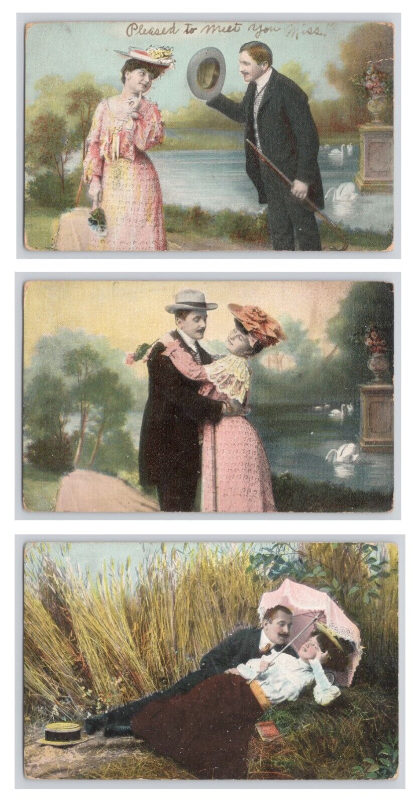 Postcard Lot x3 Romance Love Man & Women Vintage Fashion Antique 1907