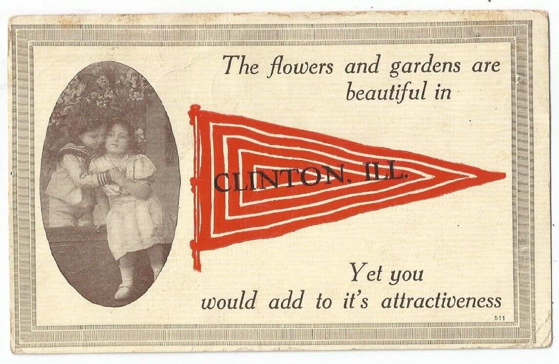 Clinton, IL Illinois 1913 Postcard, Greetings From type with Pennant